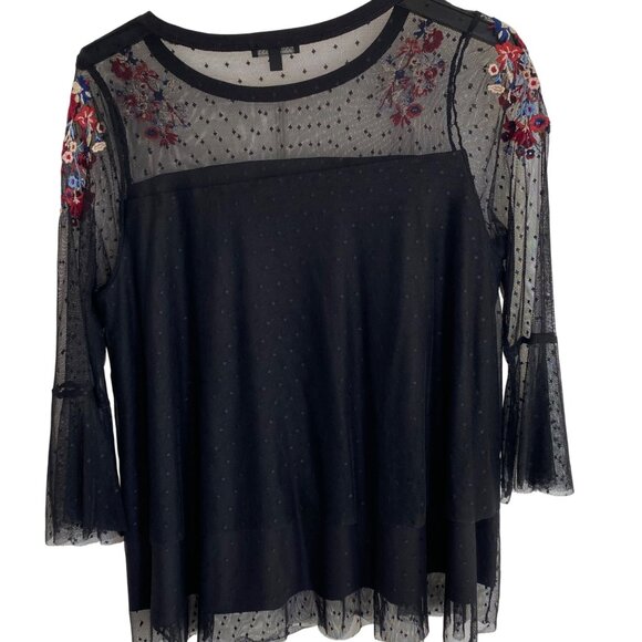 Lane Bryant Women's Black Sheer Swiss Dot Mesh Top With Floral Embroidery & Flar - Picture 2 of 5